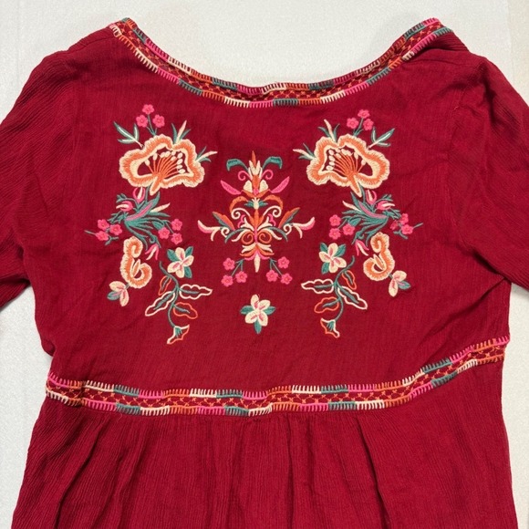 Altard State Embroidered Boho Festival Mini Dress Burgundy Bell Sleeve Floral S - Picture 7 of 9